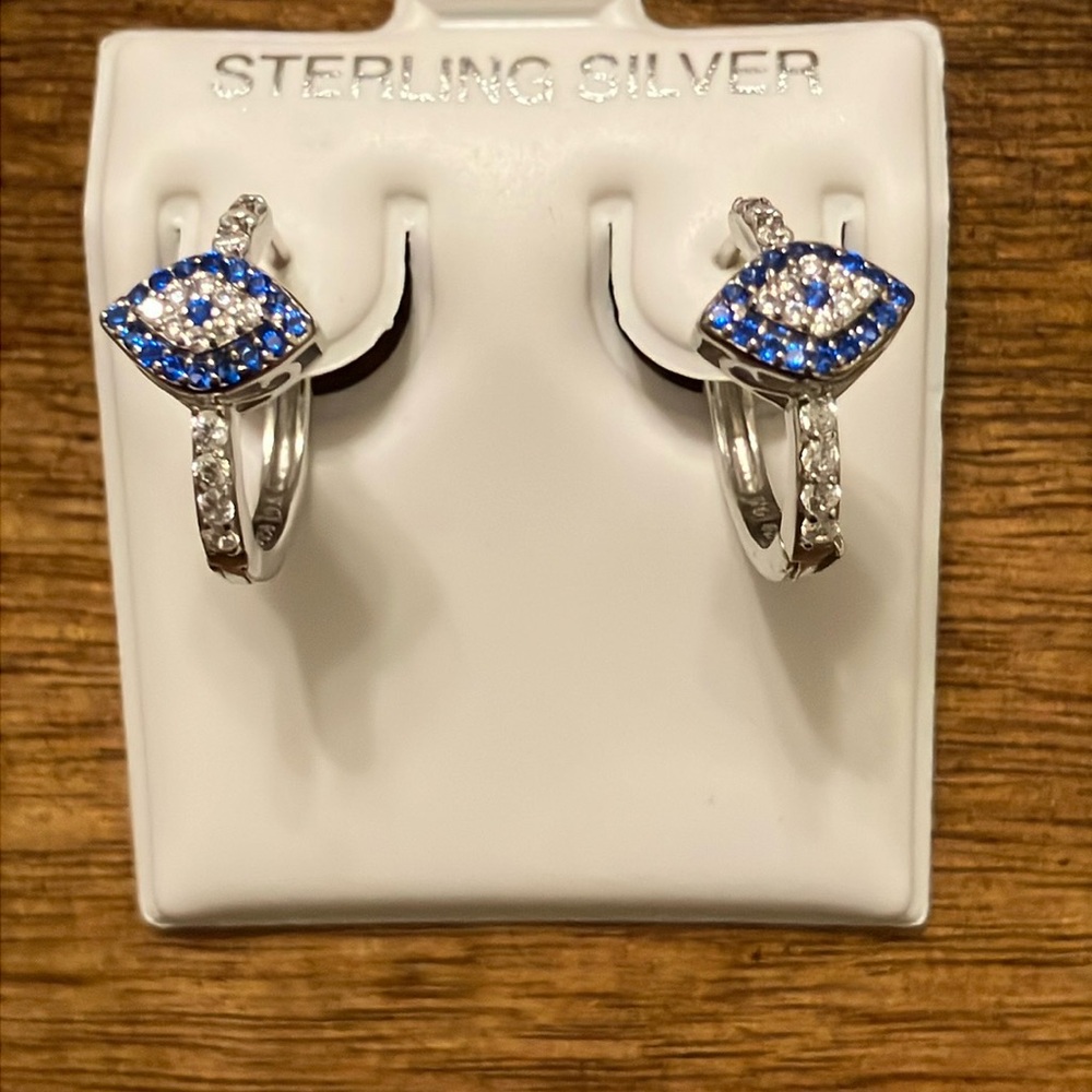 Sterling Silver Evil Eye Earrings with Blue and Silver Accents 925